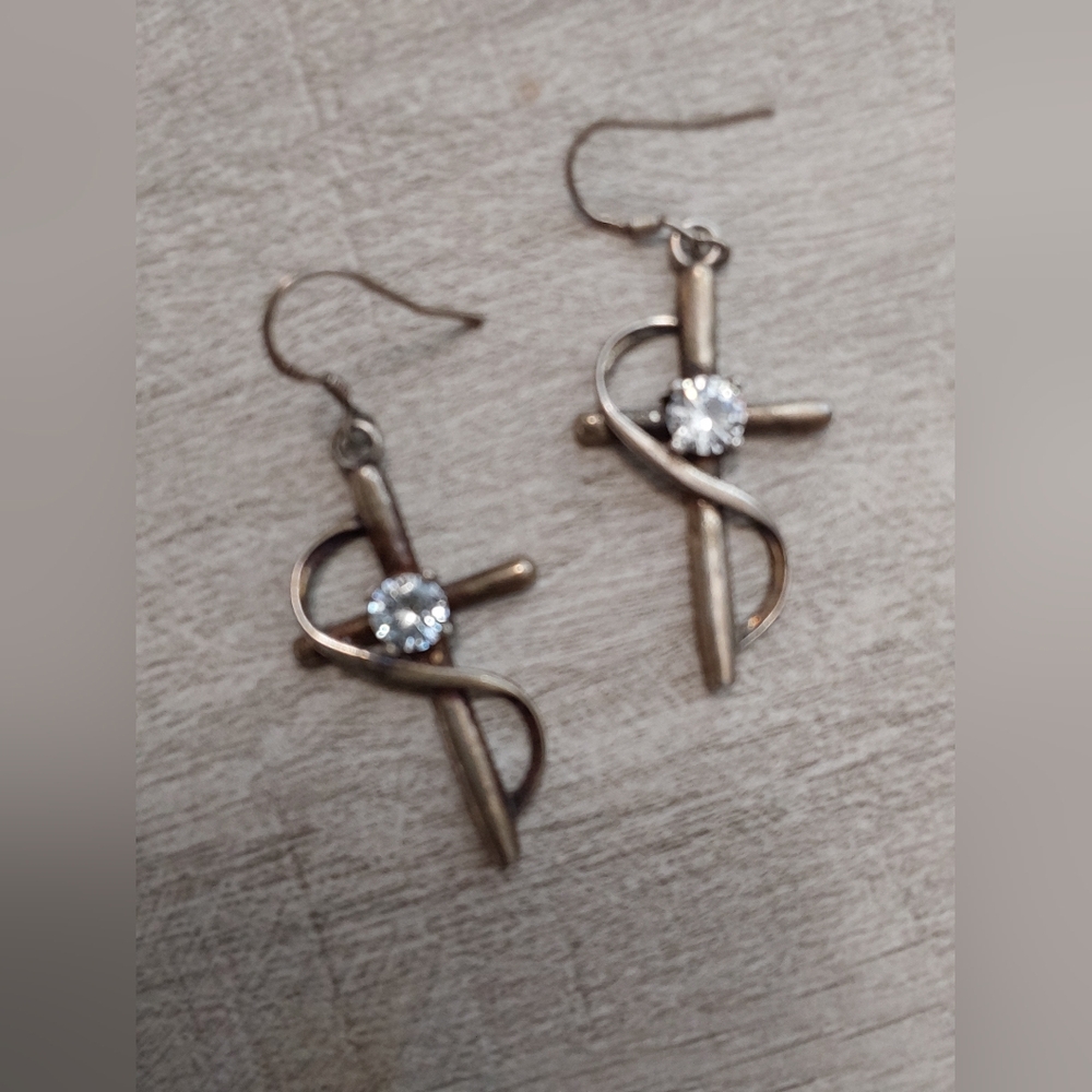 Vintage Christian Sterling Silver Cross Earrings with Clear Stone - Picture 3 of 4